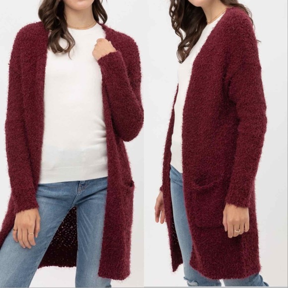 COZY POPCORN KNIT LONG CARDIGAN SWEATER  - WINE - Picture 7 of 8